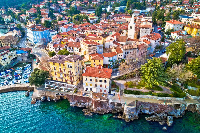 A scenic view of the Adriatic coast in Lovran, Croatia.